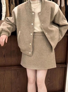 美式复古撞色毛呢棒球服羽绒夹克外套女2023冬A字包臀半身裙套装