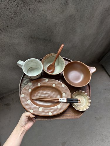 LLHOME太妃糖波点一人食餐具套装手绘波点碗盘杯分餐制高温釉下彩
