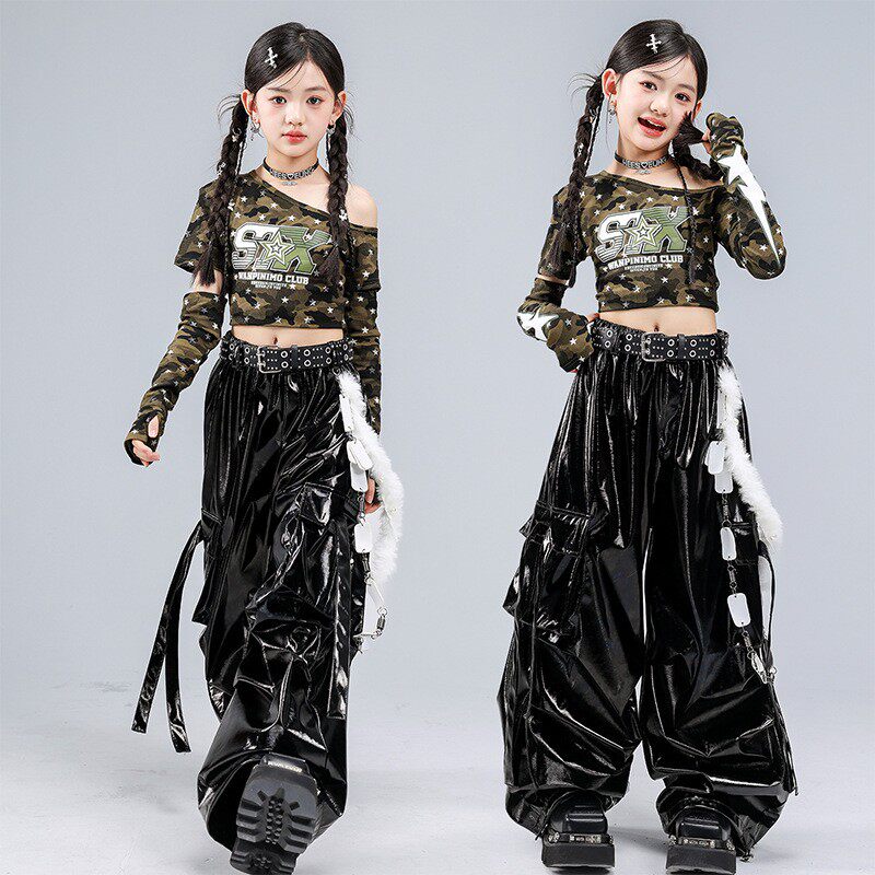 爵士舞服装女童套装韩版露脐上衣背心jazz迷彩少儿时髦表演出服
