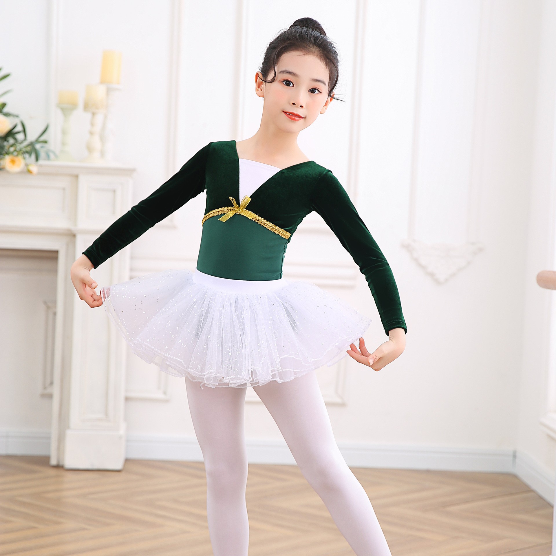 秋儿童舞蹈服装少儿金丝绒练功服女童长袖考级连体芭蕾舞表演出服