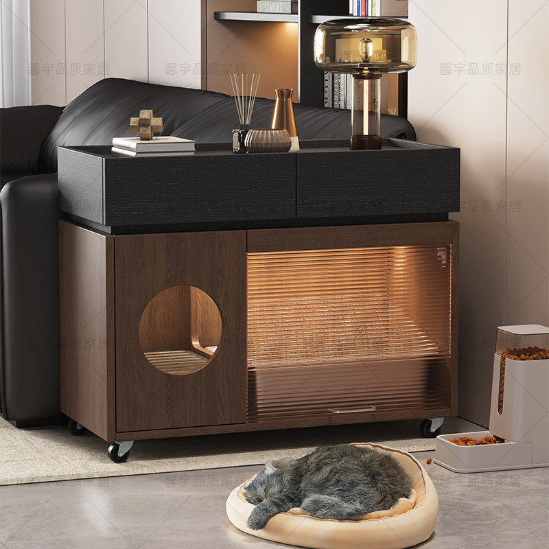 猫砂盆柜一体猫别墅家用室内简约风可移动多功能收纳边几柜储物柜