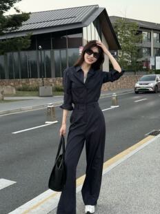SUNYUYING 时尚高腰显瘦工装连体裤女减龄衬衫连衣裤