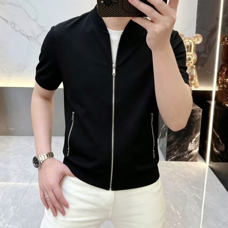 夏季新款男士短袖Polo衫棒球服领拉链款t恤纯色修身半袖男装青年图片