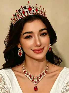 欧美水晶玻璃新娘项链耳环皇冠首饰套装三件套镶钻婚纱配饰演出饰