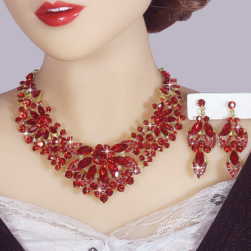 欧美花朵项链耳环婚礼礼服满钻水晶玻璃满钻饰品套装水晶项链气质