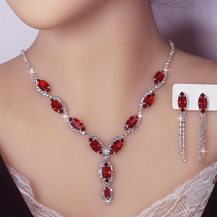 精致简约个性色彩马眼水滴项链流苏耳坠套装新娘套装镶钻全套轻奢