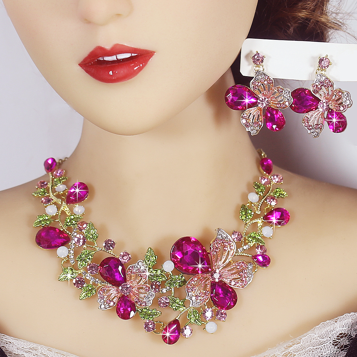 演出水晶摩登舞项链爆闪欧美花朵项链耳环满钻玻璃满钻饰品套装