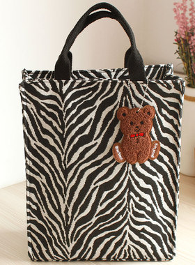 优质帆布斑马纹黑色条纹小熊A4文件包书袋购物袋收纳补课手提包