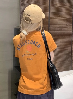 100%纯棉夏季薄款做旧休闲2026花朵印花圆领短袖T恤女 T9116