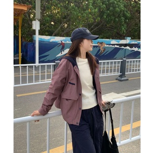 外套W6880 休闲运动户外防风小众紫薯色撞色拼接立领女款
