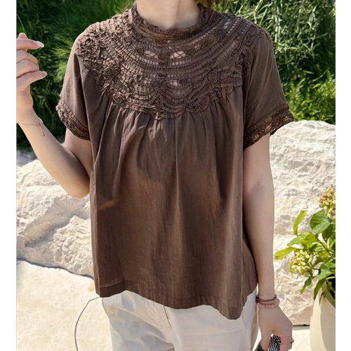 100%纯棉法式花边镂空围脖微皱肌理感休闲小衫短袖T恤女T8751