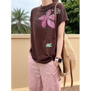 棕底花信 圆领无袖坎肩手绘花朵前后印花宽松纯棉短袖T恤女T9302