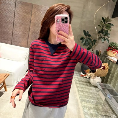 100%纯棉春夏休闲条纹撞色圆领小三角口袋长袖T恤女T9037