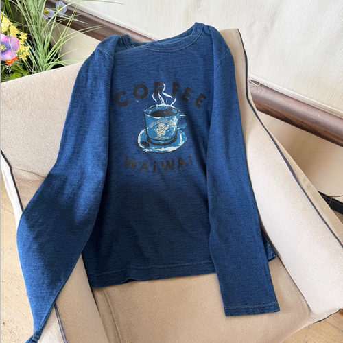 日系牛仔蓝咖啡coffee字母图案印花长袖T恤女T8806