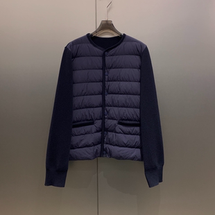 W7040 简约横条拼接秋冬保暖防风圆领外套羽绒服女 12.12