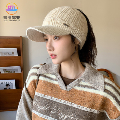 女金属标加绒加厚女休闲运动骑行鸭舌帽户外显脸小半空顶毛线帽子