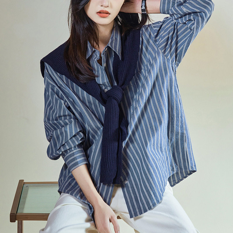 显瘦感穿搭装大码女装胖2026秋装新款条纹衬衫减龄披肩入韩系衬衣
