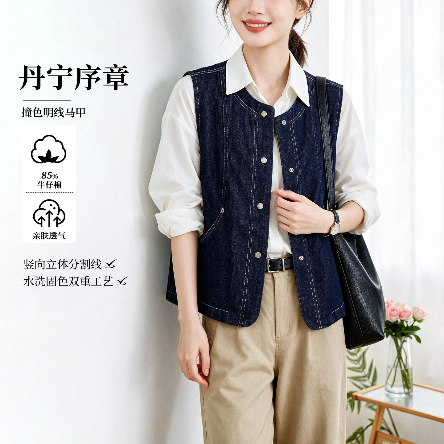 复古牛仔马甲女2026秋季新款圆领单排扣叠穿显瘦百搭无袖坎肩上衣
