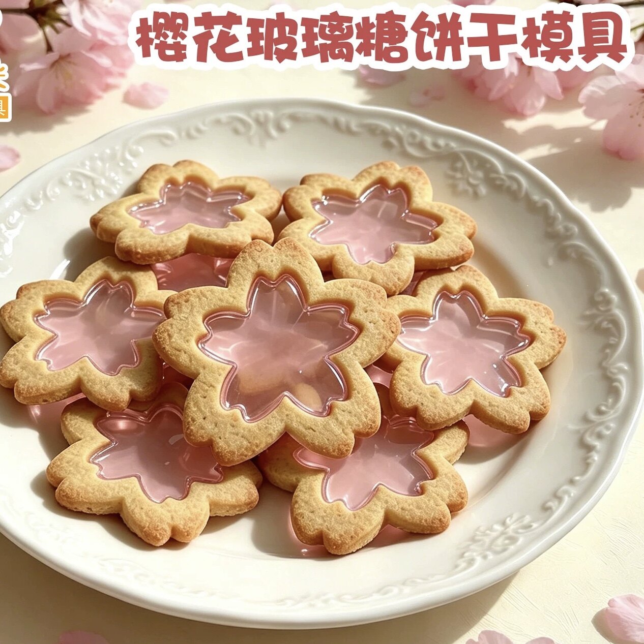 卡通樱花玻璃糖饼干模具春天夹心曲奇家用立体按压式印花烘焙工具