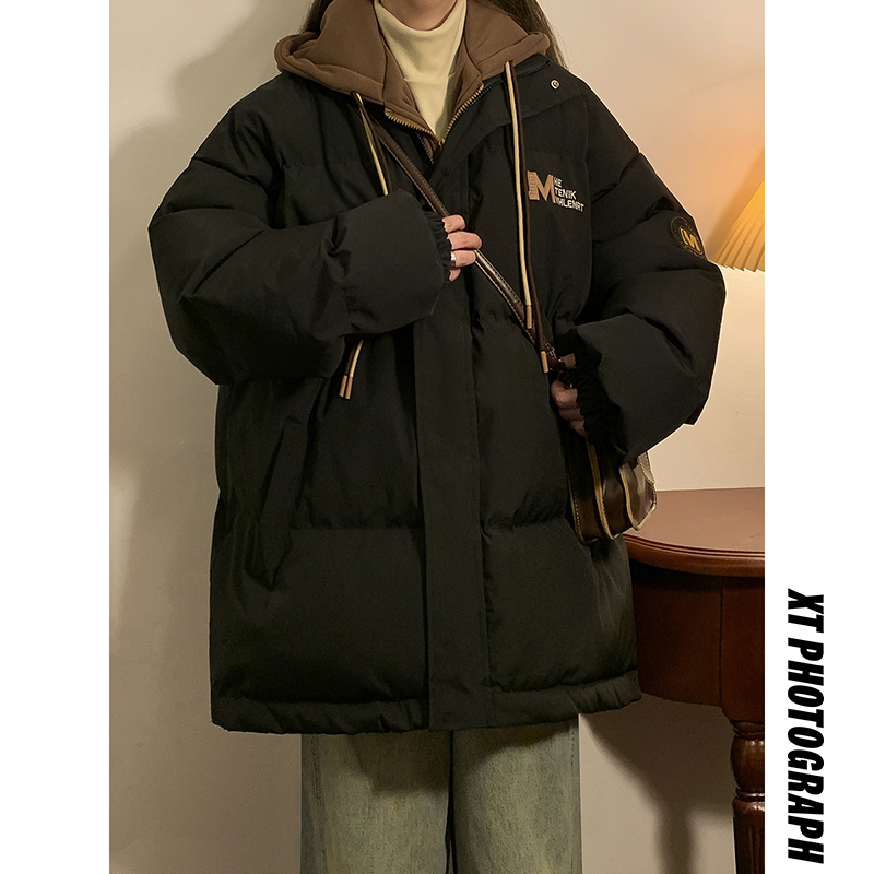 2025新款假两件棉衣女冬装加厚棉袄胖mm200斤大码宽松羽绒棉服潮