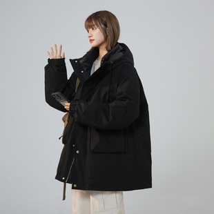 90白鸭绒羽绒服女美式复古风胖mm200斤大码宽松加厚保暖工装外套