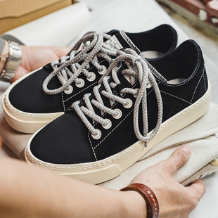 马登厚底帆布鞋秋冬新款翻毛皮黑色低帮增高男鞋休闲运动百搭板鞋