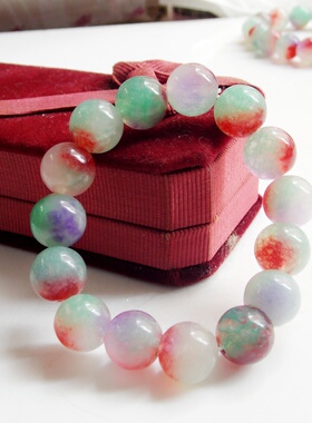 孔雀纹合成玉石手链石英岩玉圆珠手链13毫米圆珠手链玉手链玉手串