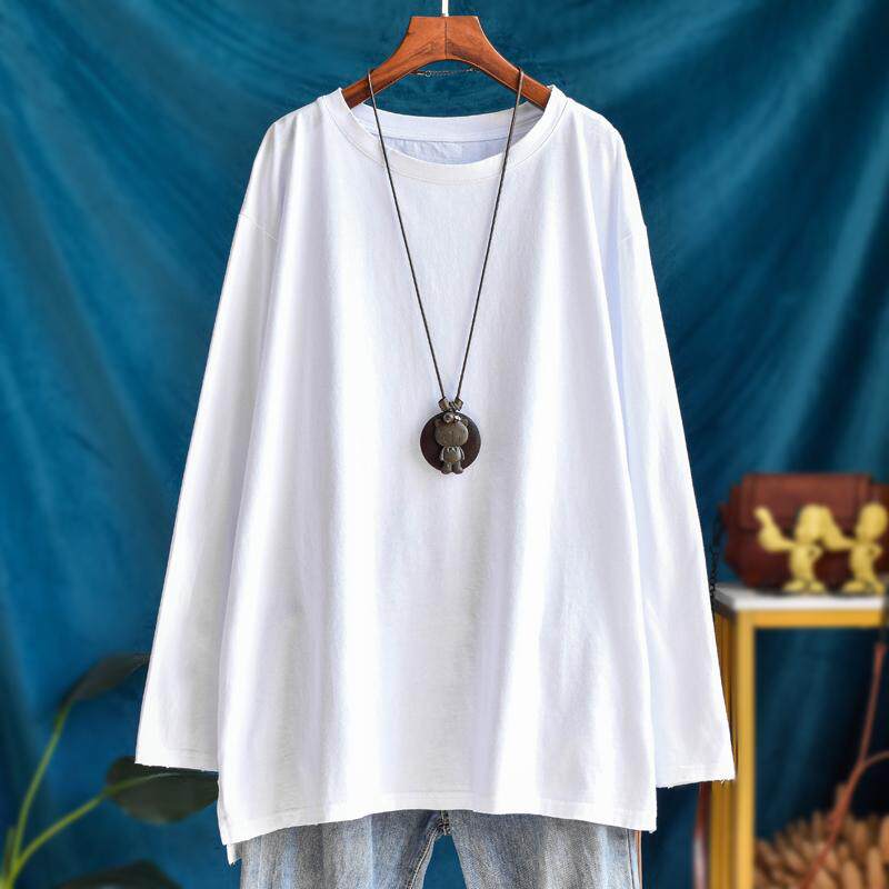 开叉中长款纯棉白色长袖t恤女叠穿宽松大码秋冬圆领内搭打底上衣