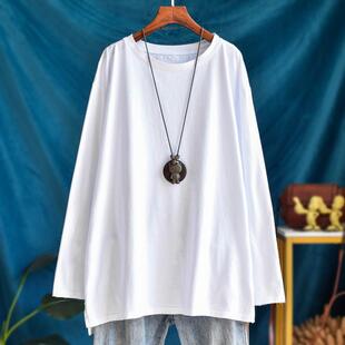 开叉中长款纯棉白色长袖t恤女叠穿宽松大码秋冬圆领内搭打底上衣