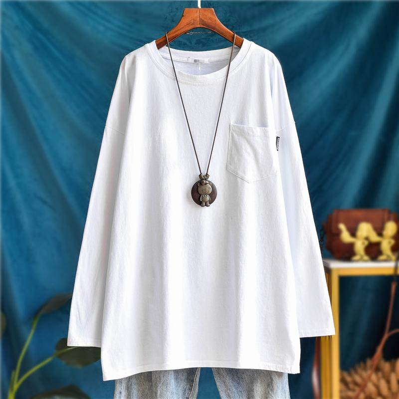 秋冬中长款纯棉口袋大白长袖t恤女宽松加大码内搭胖mm打底衫上衣