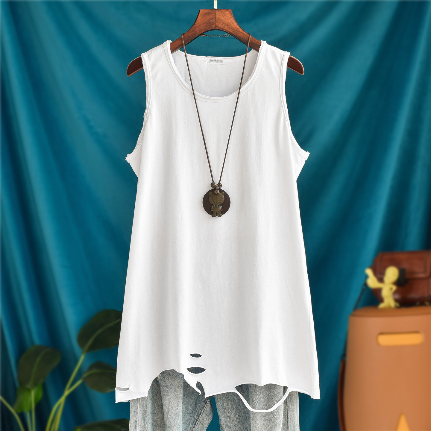 屁帘中长款纯棉宽松吊带破洞白背心女无袖卫衣内搭露边春秋打底衫