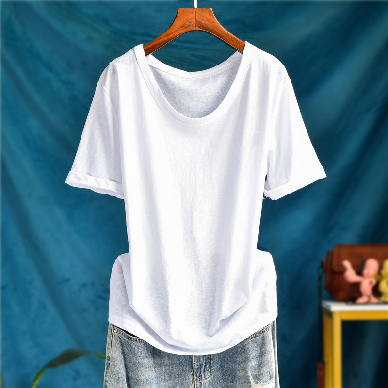 夏装纯色简约雪花棉百搭短袖T恤衫女宽松基础薄款圆领正肩打底衫