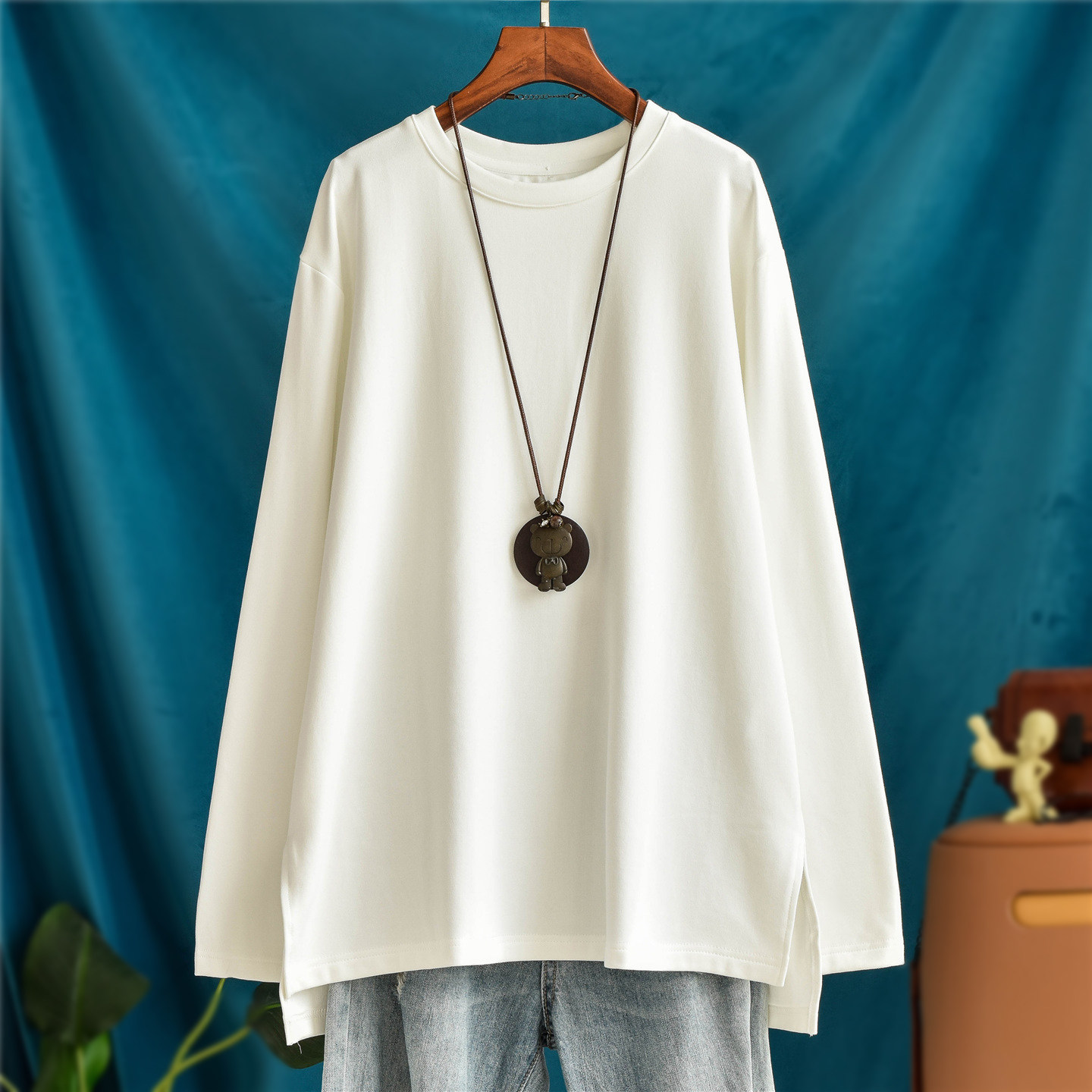 开叉纯棉加厚加绒长袖t恤女秋冬装打底衫中长款宽松大码大白T上衣