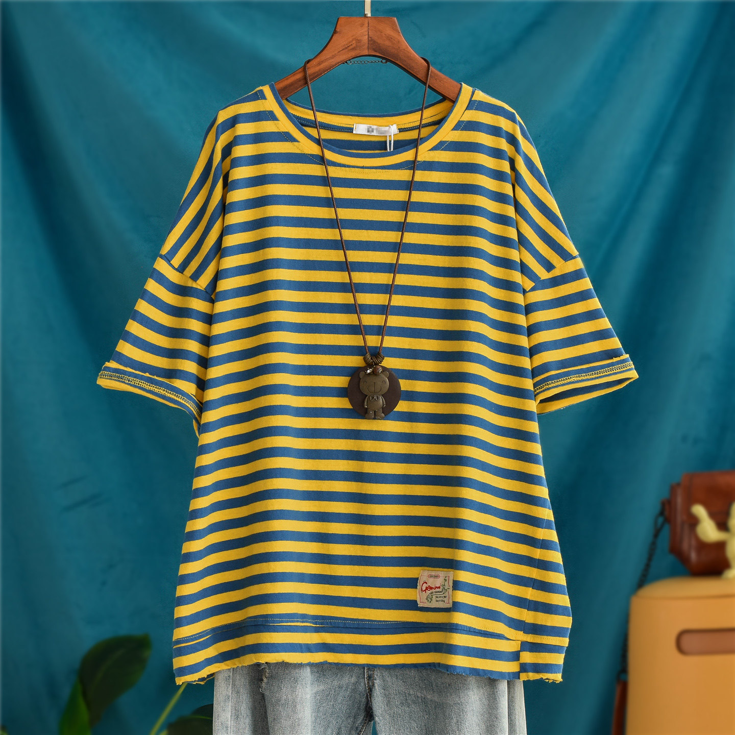宽松大码复古纯棉横细条纹短袖T恤女百搭显瘦下摆拼接打底上衣潮