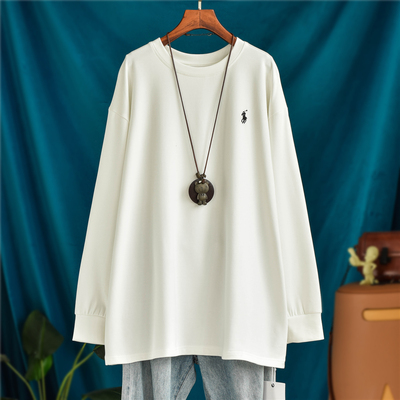 刺绣宽松大码加厚加绒纯棉遮屁股中长款卫衣长袖T恤女秋冬打底衫