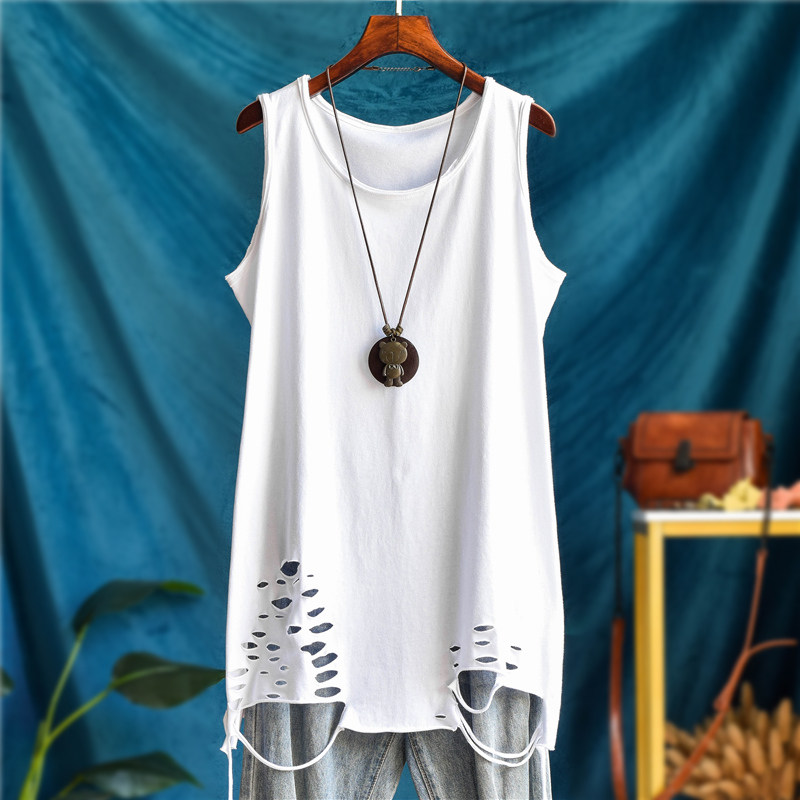 长款叠穿纯棉宽松大码内搭无袖破洞背心女外穿吊带春秋开叉打底衫