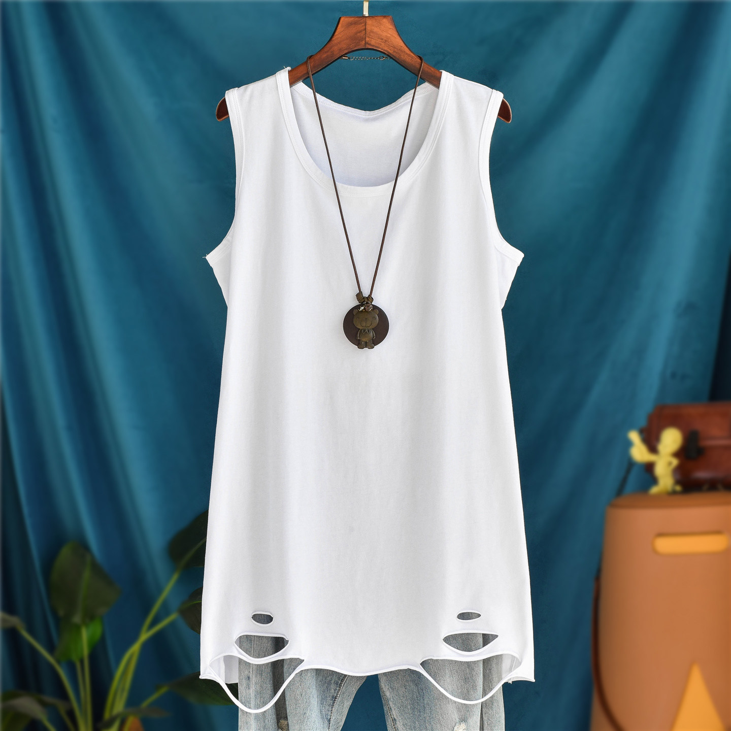 叠穿神器破洞背心女外穿卫衣内搭中长款无袖宽松大码吊带打底衫潮