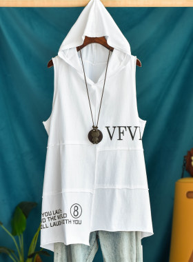 不对称中长款连帽背心女字母印花纯棉宽松大码无袖T恤外穿吊带潮