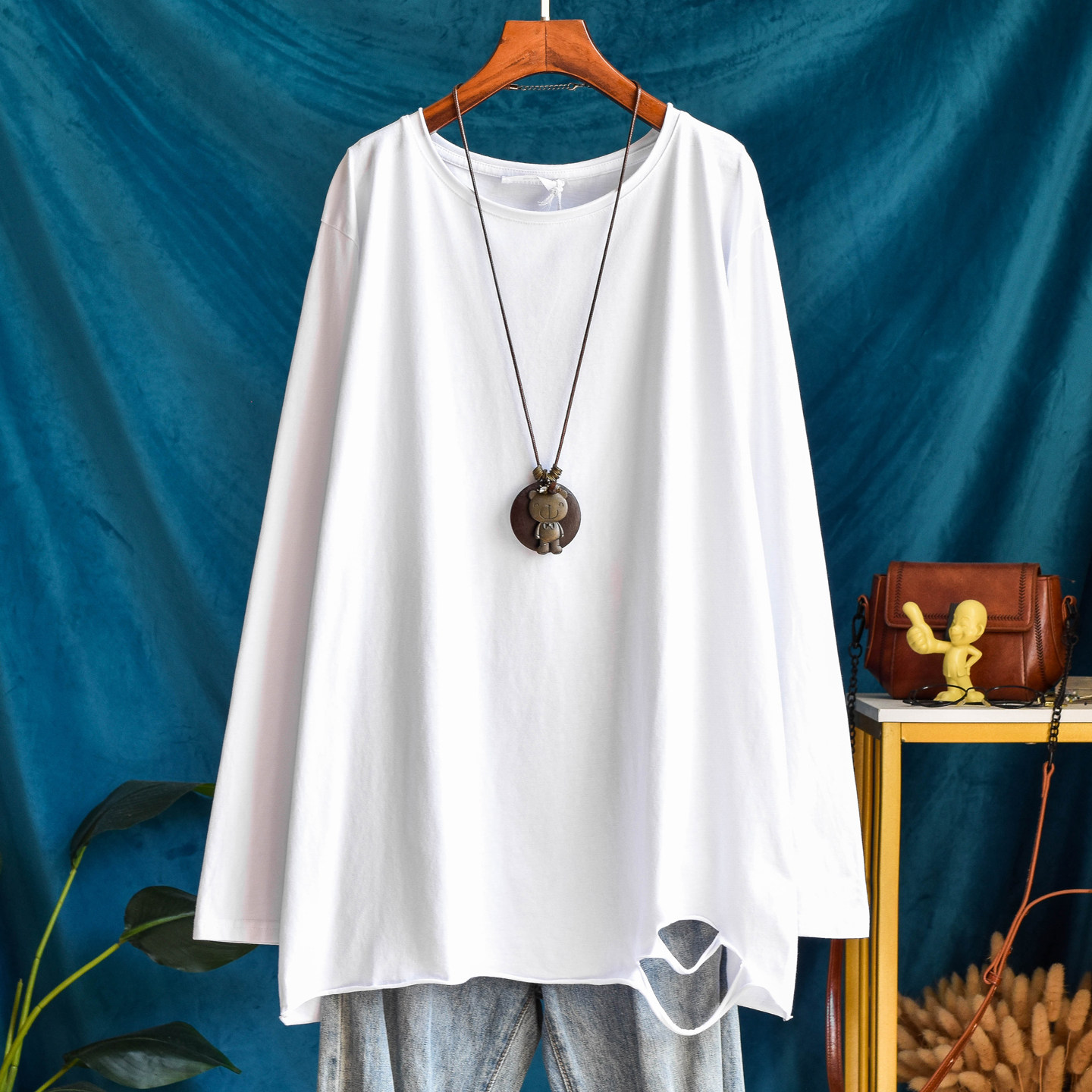 纯棉宽松大码长袖字母纯色白色中长款大T恤破洞春秋打底韩版上衣