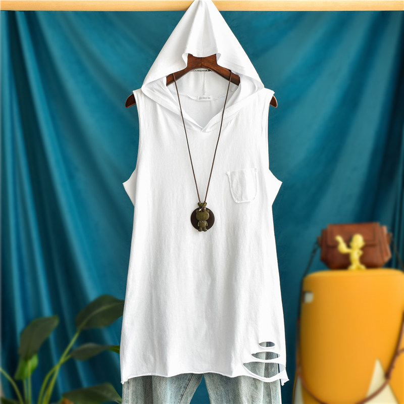春秋叠穿开叉中长款宽松纯棉内搭无袖破洞连帽背心女外穿打底衫潮