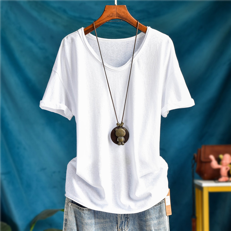 薄款夏装纯色简约百搭短袖U领T恤衫女宽松舒适软糯圆领打底衫上衣