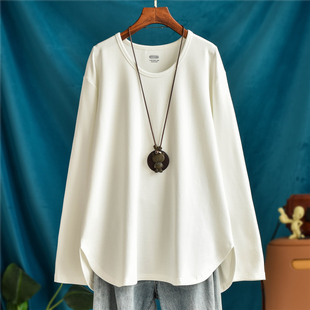 品质纯棉宽松大码加绒加厚中长款长袖t恤女内搭打底衫秋冬U领上衣