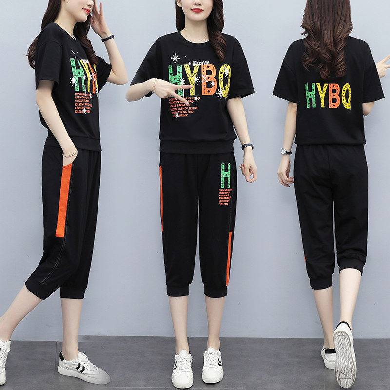 实拍新款印花宽松运动休闲大码女装时尚短袖短裤显瘦两件套套装女