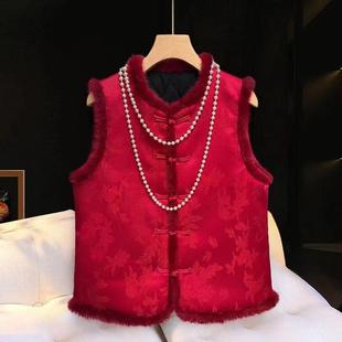 新中式复古国风毛边棉坎肩女25春冬新款别致盘扣提花加棉马甲上衣