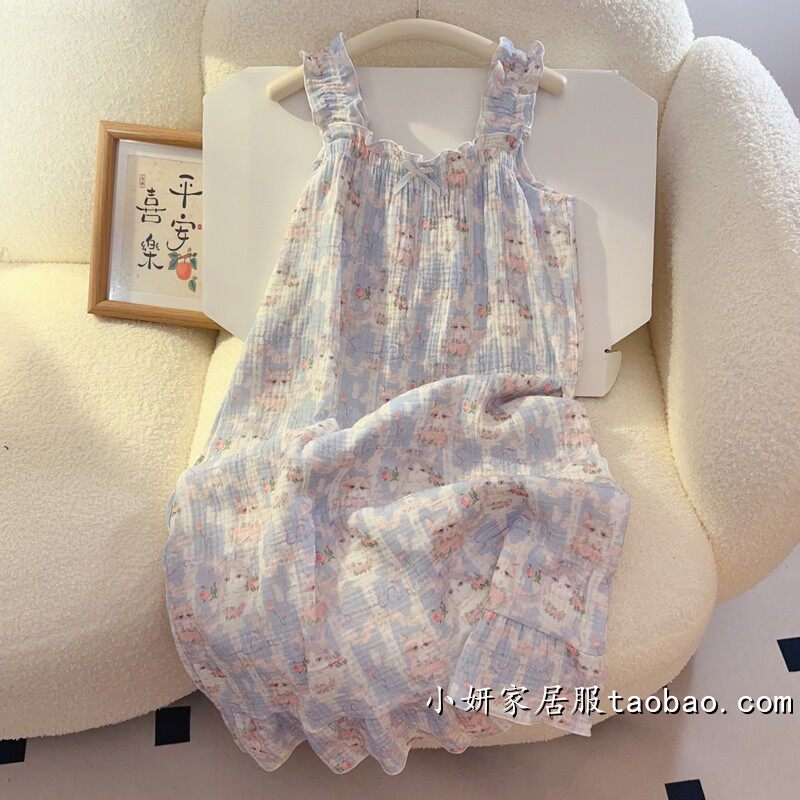 猫咪吊带睡裙女童夏款棉纱公主风儿童中大童女孩睡衣2025新款