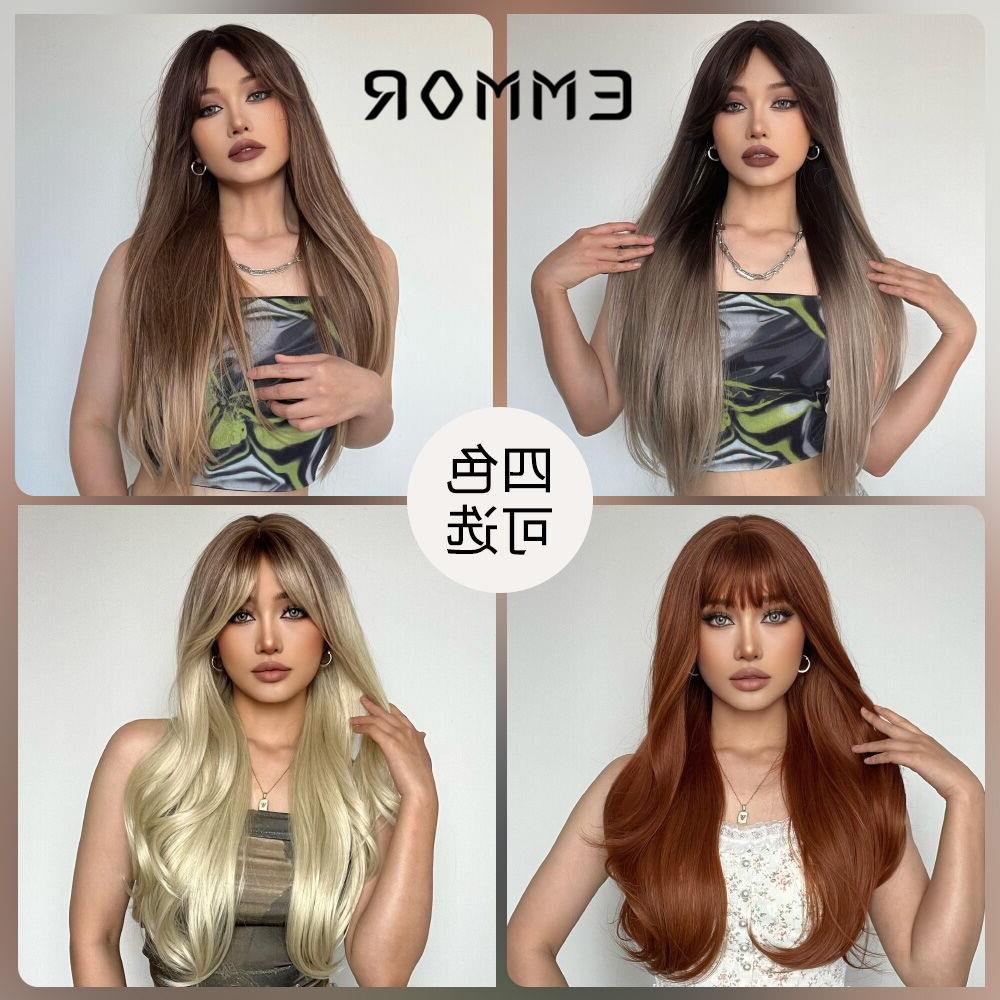 外贸跨境热销款 渐变白金色八字刘海发尾卷长发 欧美假发化纤头套