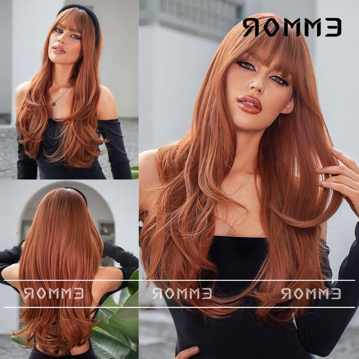 跨境外贸热销假发女齐刘海脏橘色渐变长卷发时尚气质整顶发套wigs