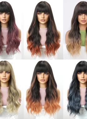欧美假发女长发大波浪 空气刘海渐变蓝色全头套 哑光高温丝wigs