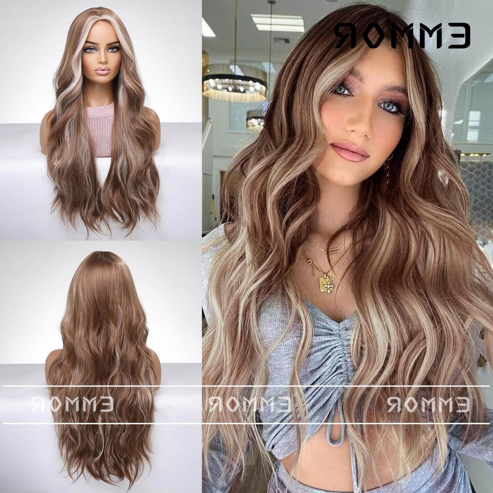 欧美中分长卷发假发女 发丝挂耳挑染蓬松大波浪混棕发色全头套式