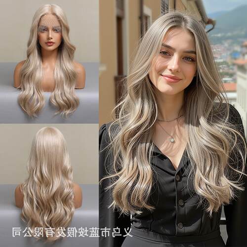 小T型蕾丝假发女中分金色大波浪卷自然cosplay蕾丝全头套发型wigs